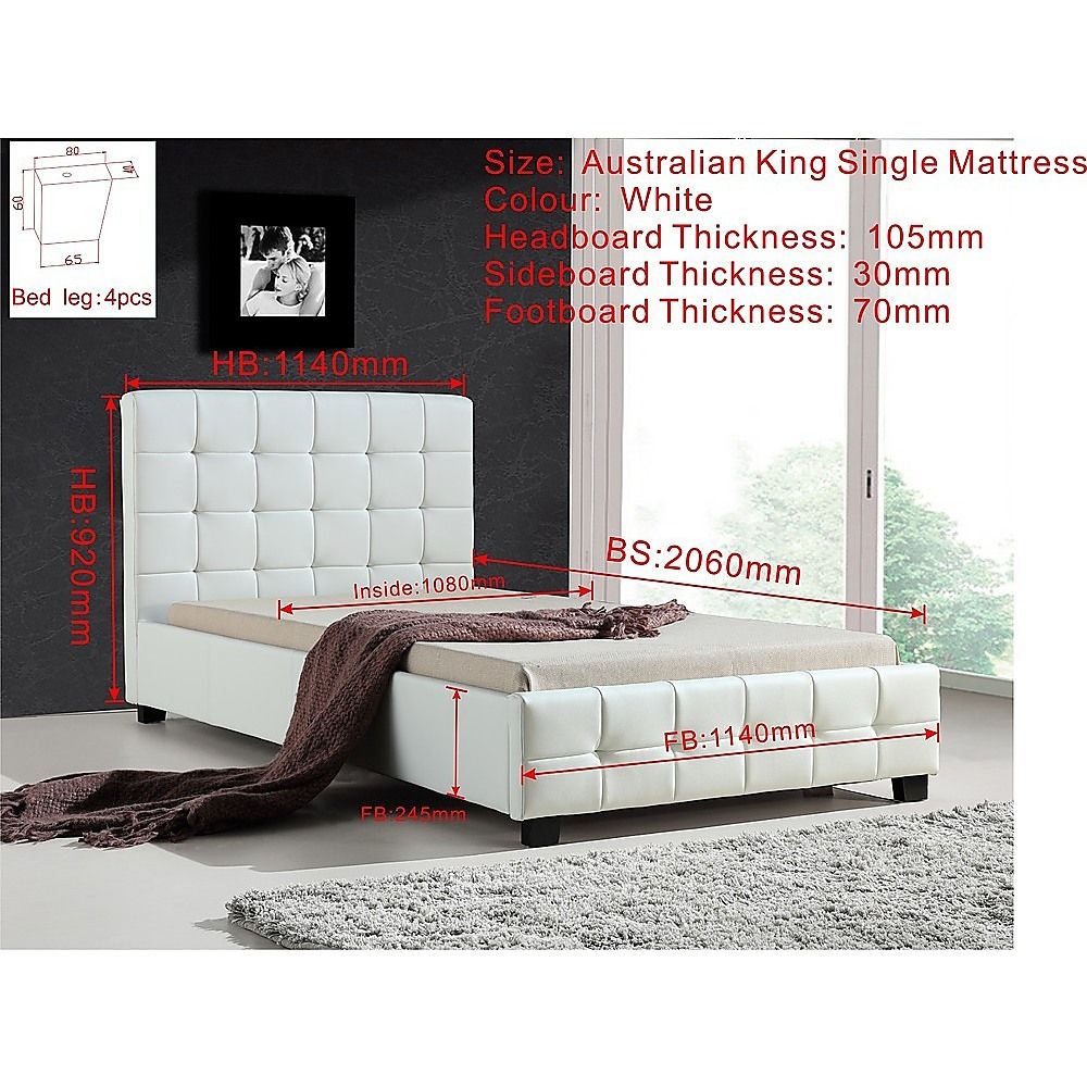 King Single Bed Frame PU Leather Upholstered White with Solid Base