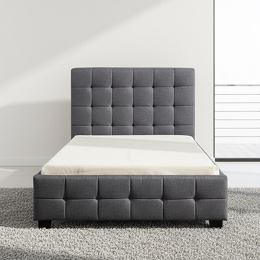 King Single Bed Frame Linen Fabric Upholstered Grey with Solid Base