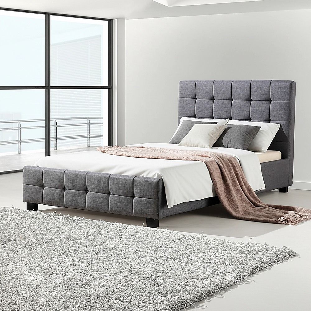 King Single Bed Frame Linen Fabric Upholstered Grey with Solid Base