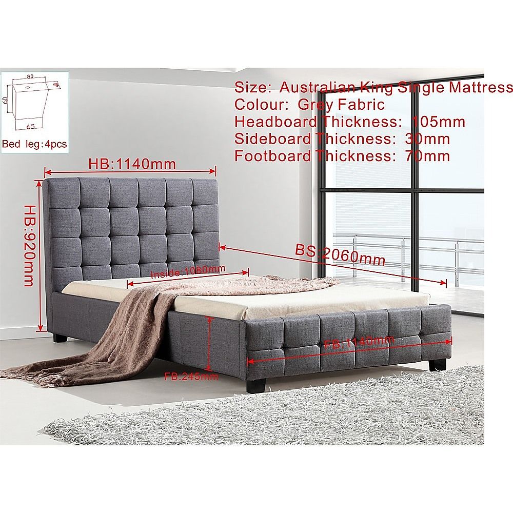 King Single Bed Frame Linen Fabric Upholstered Grey with Solid Base