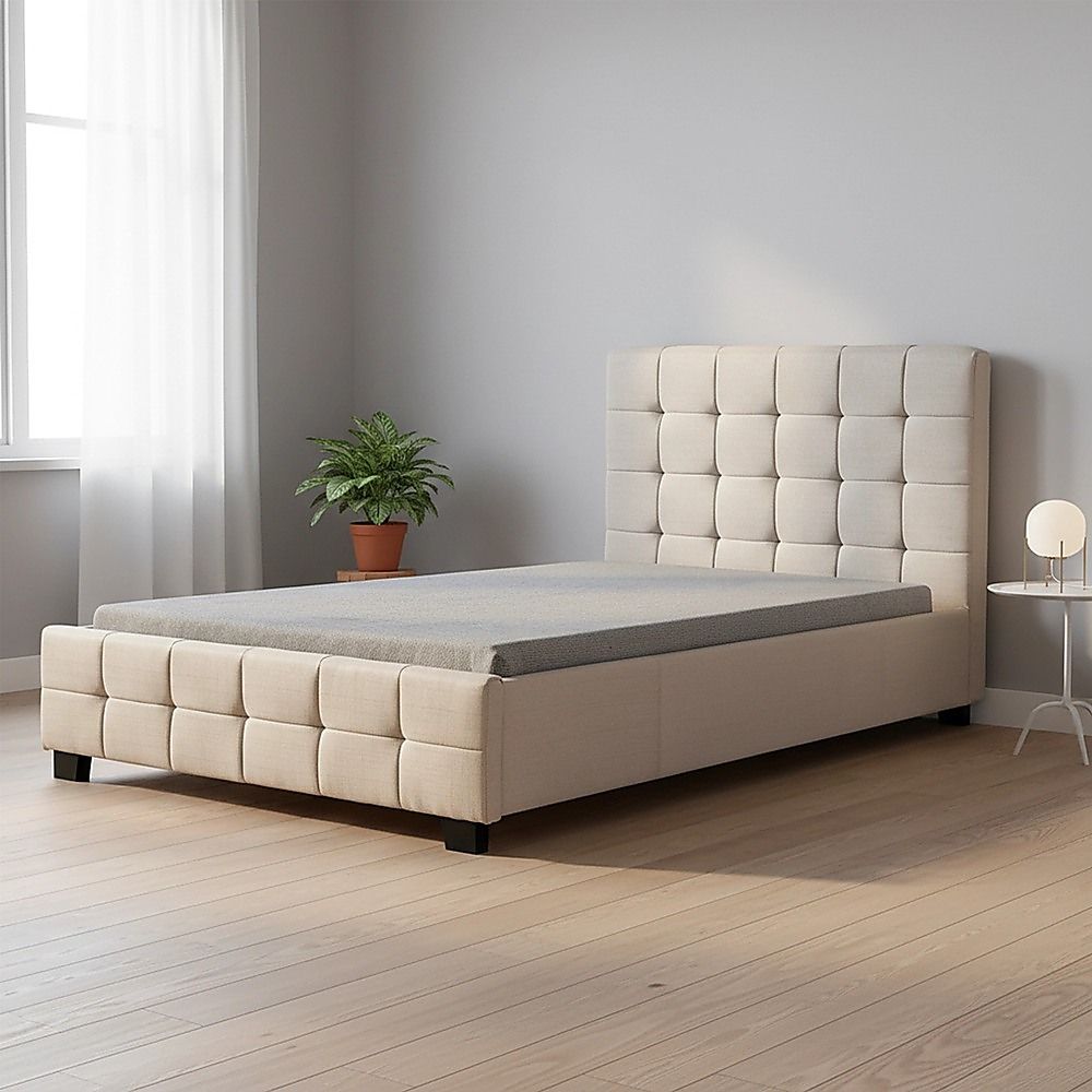 King Single Bedframe in Beige Linen Fabric with Deluxe Design