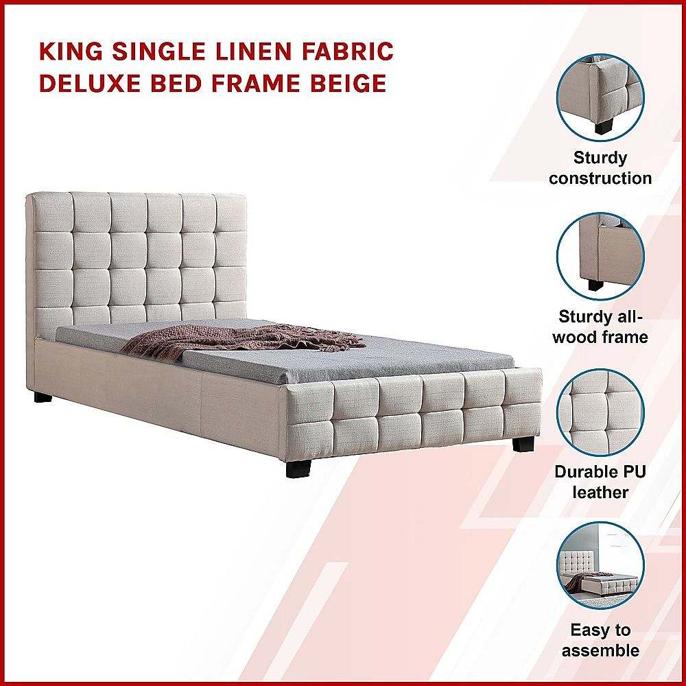 King Single Bedframe in Beige Linen Fabric with Deluxe Design