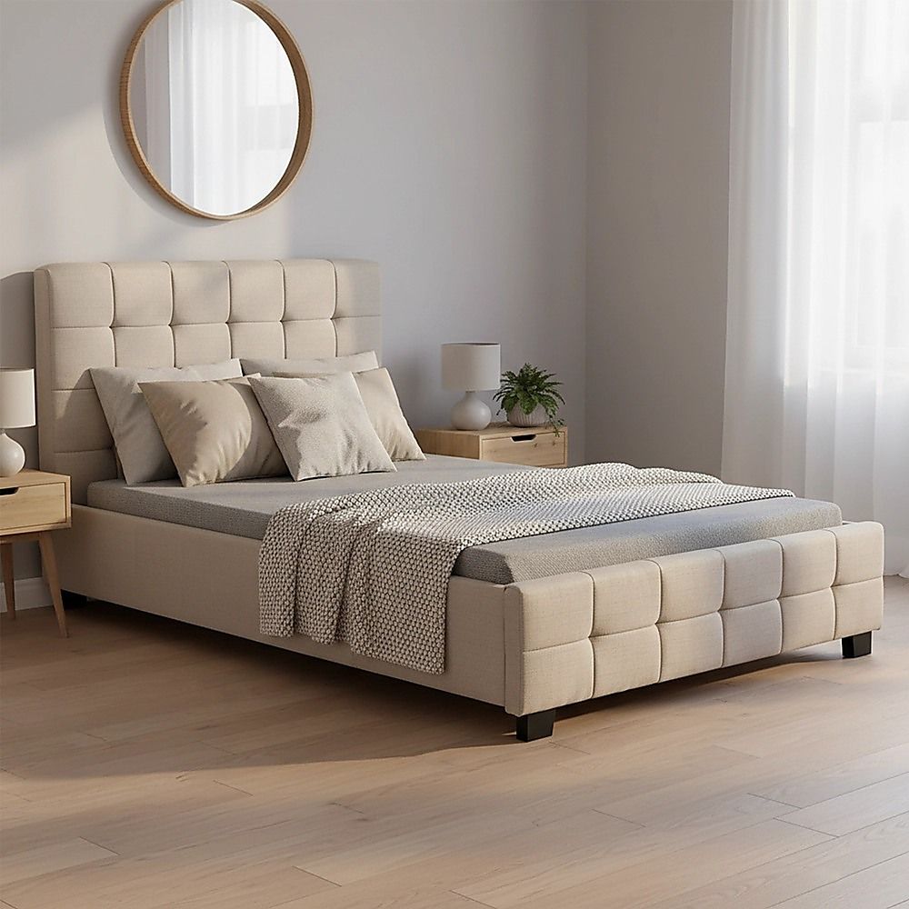 King Single Bedframe in Beige Linen Fabric with Deluxe Design