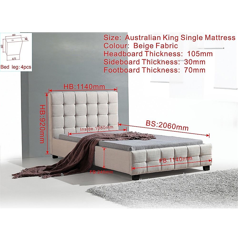 King Single Bedframe in Beige Linen Fabric with Deluxe Design