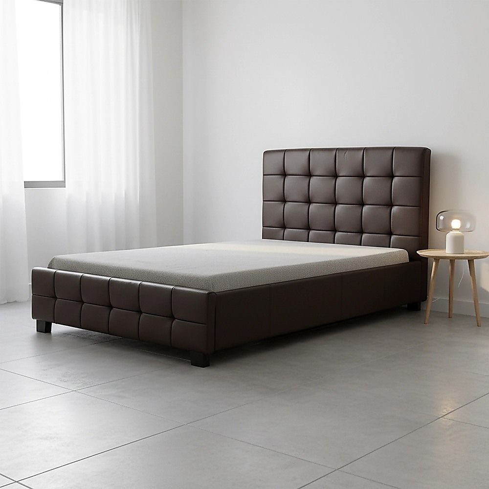 King Single Bed Frame PU Leather Upholstered Brown with Solid Base