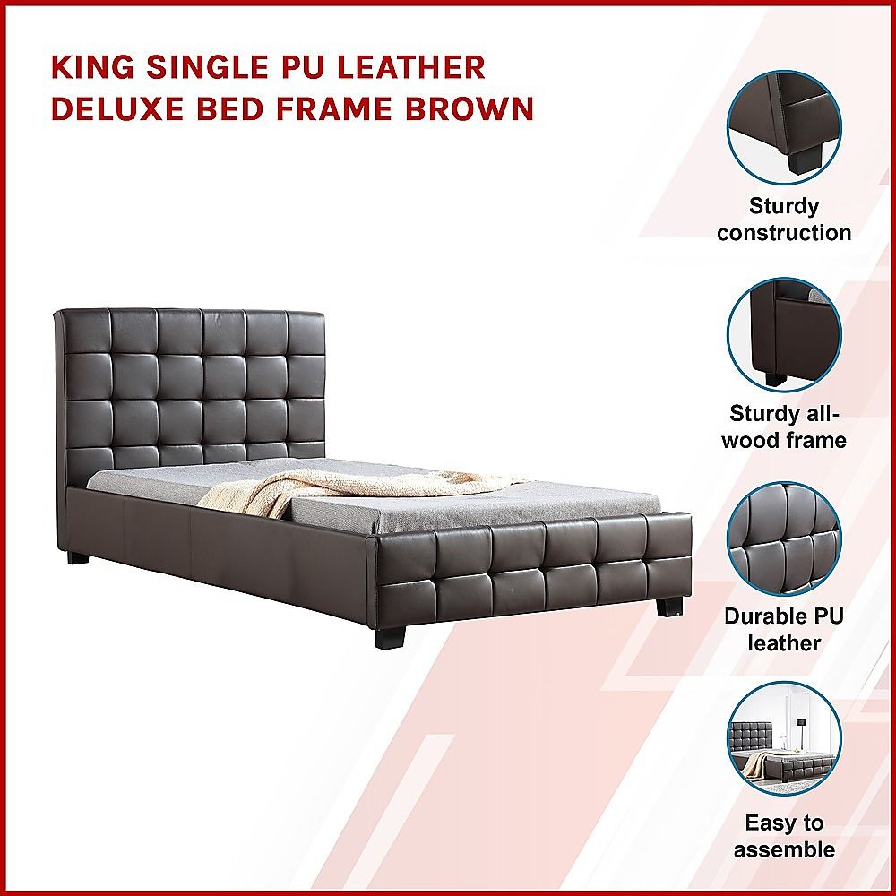 King Single Bed Frame PU Leather Upholstered Brown with Solid Base