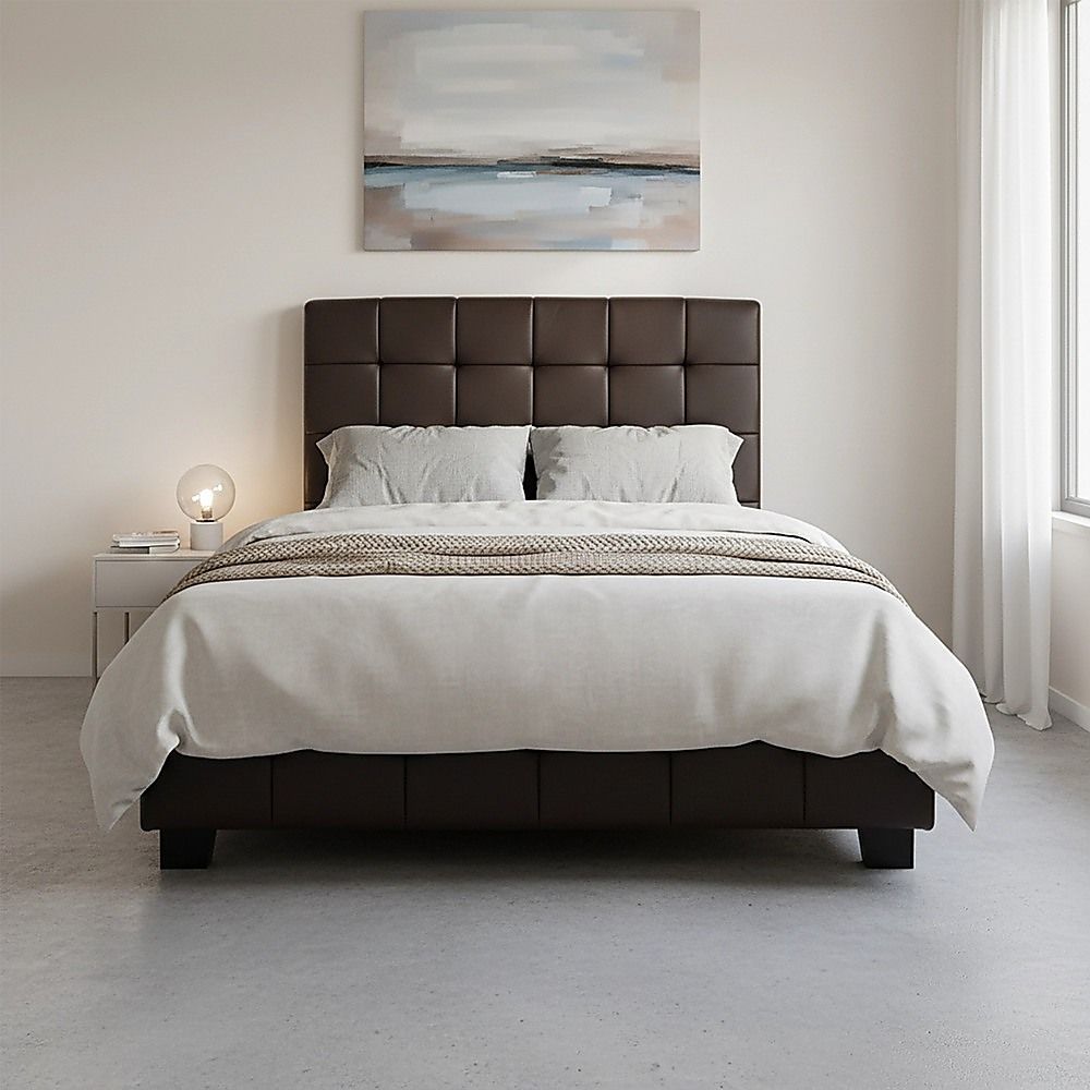 King Single Bed Frame PU Leather Upholstered Brown with Solid Base