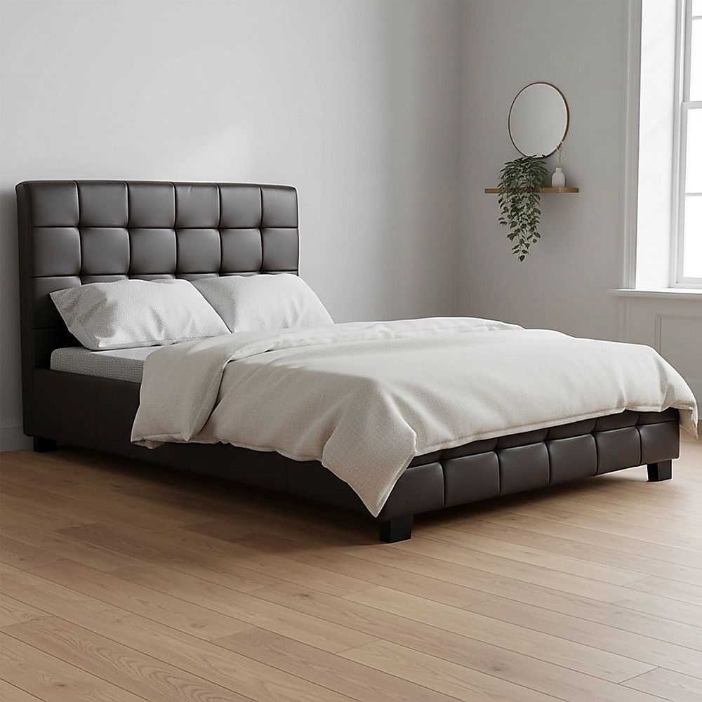 King Single Bed Frame PU Leather Upholstered Brown with Solid Base
