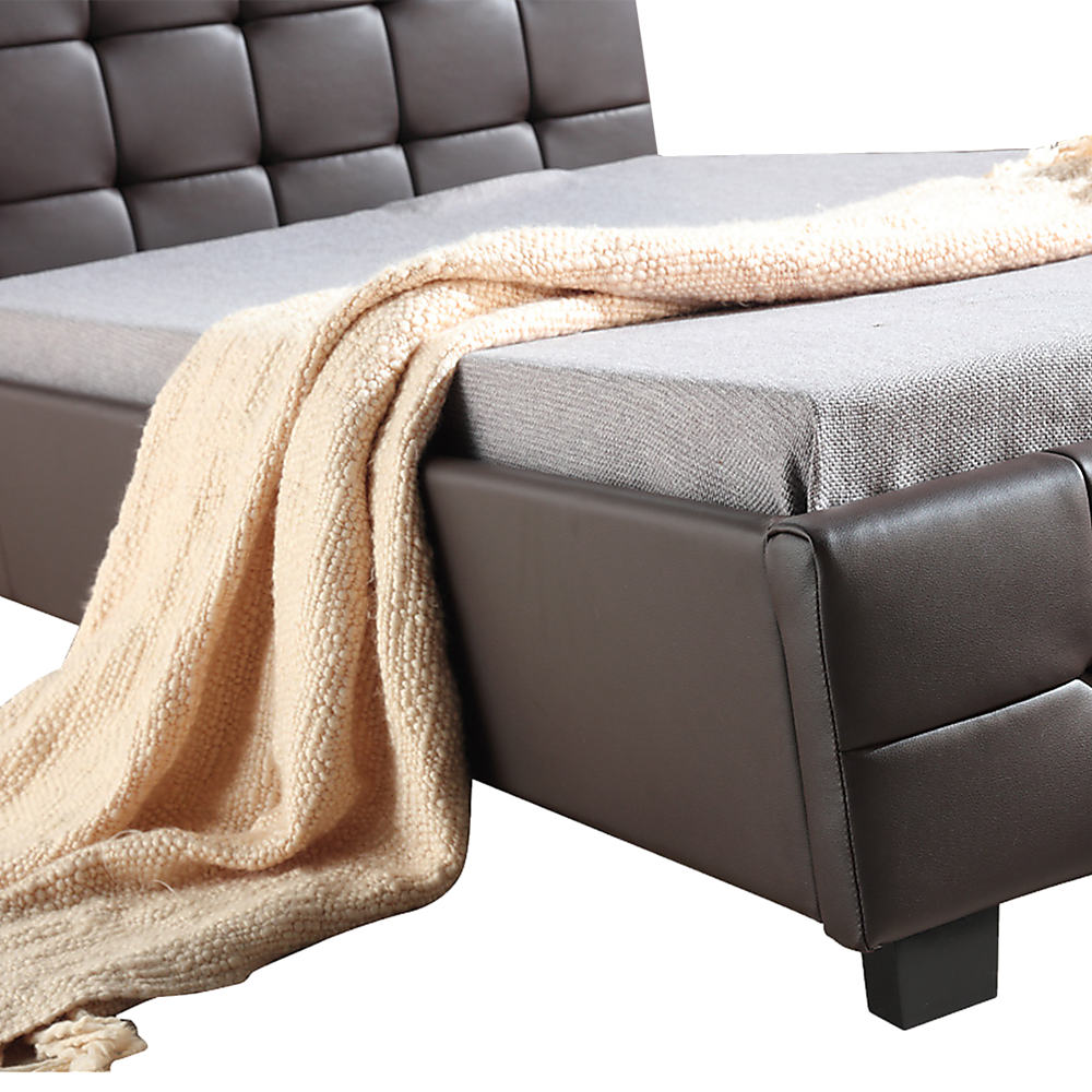 King Single Bed Frame PU Leather Upholstered Brown with Solid Base