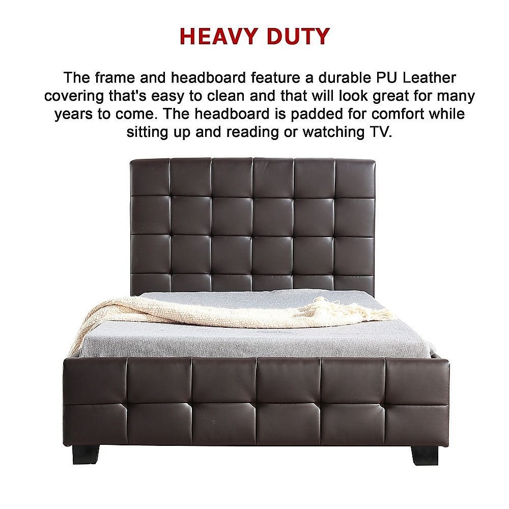 King Single Bed Frame PU Leather Upholstered Brown with Solid Base