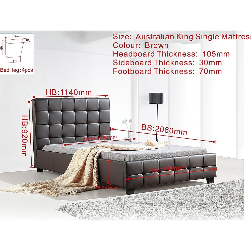 King Single Bed Frame PU Leather Upholstered Brown with Solid Base