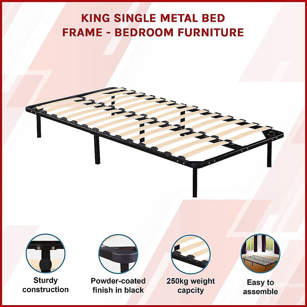 King Single Bed Frame Metal Construction with Supportive Slat Base