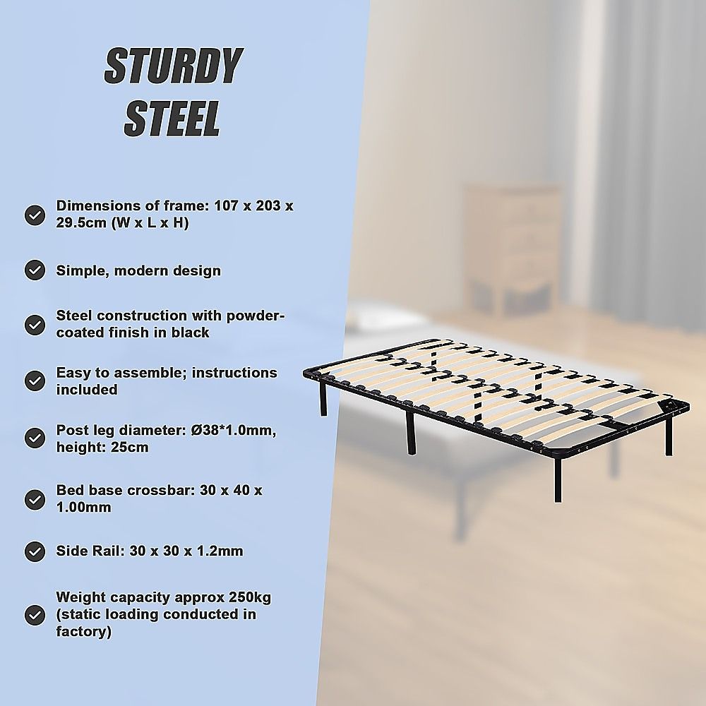 King Single Bed Frame Metal Construction with Supportive Slat Base