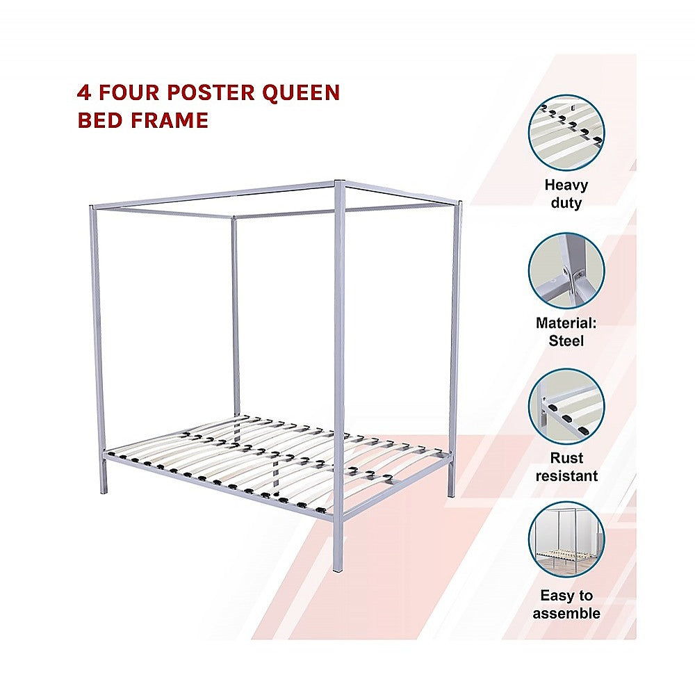 Queen Four Poster Bed Frame Metal Construction with Sturdy Base