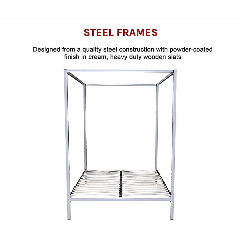 Queen Four Poster Bed Frame Metal Construction with Sturdy Base - Beds & Bed Frames