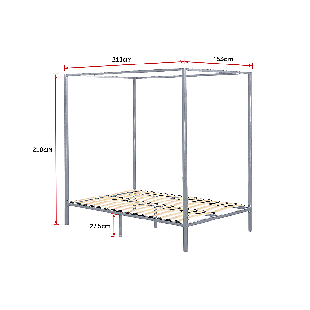 Queen Four Poster Bed Frame Metal Construction with Sturdy Base