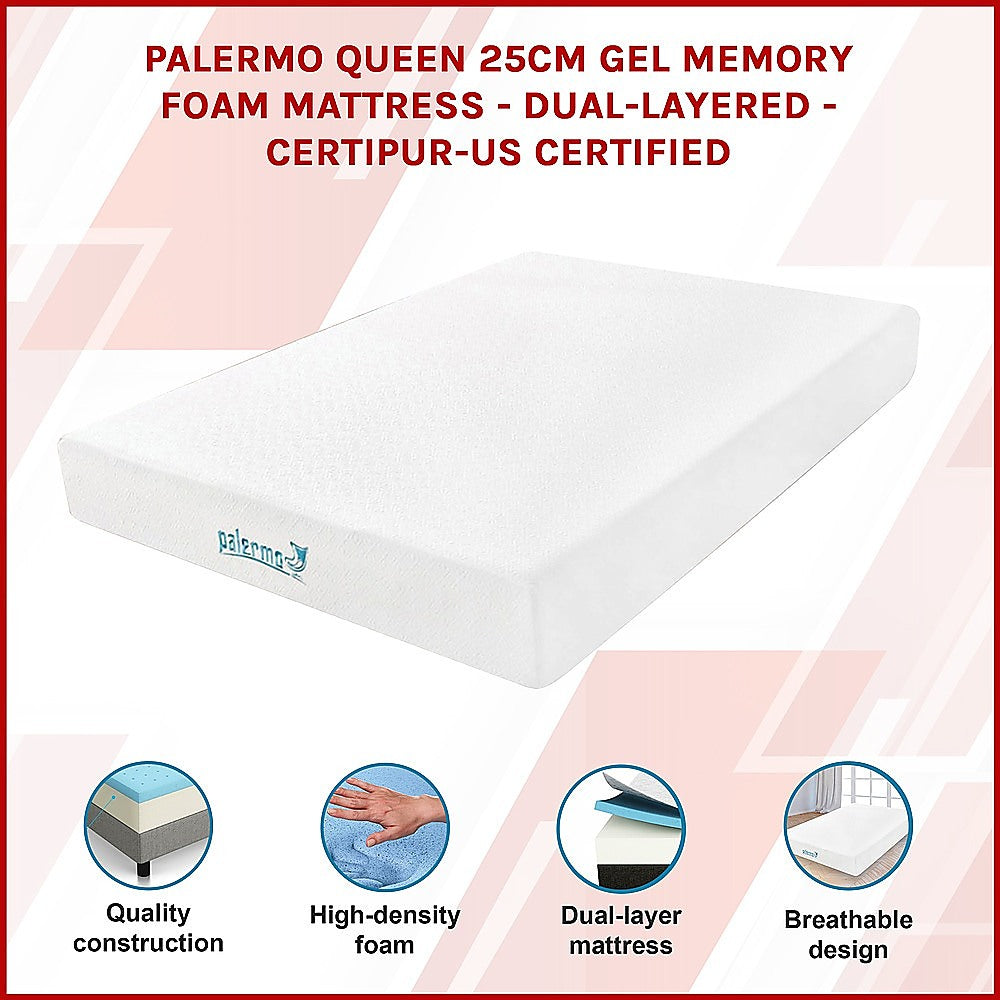 Queen Mattress Gel Memory Foam Dual Layer Medium Firm 25cm