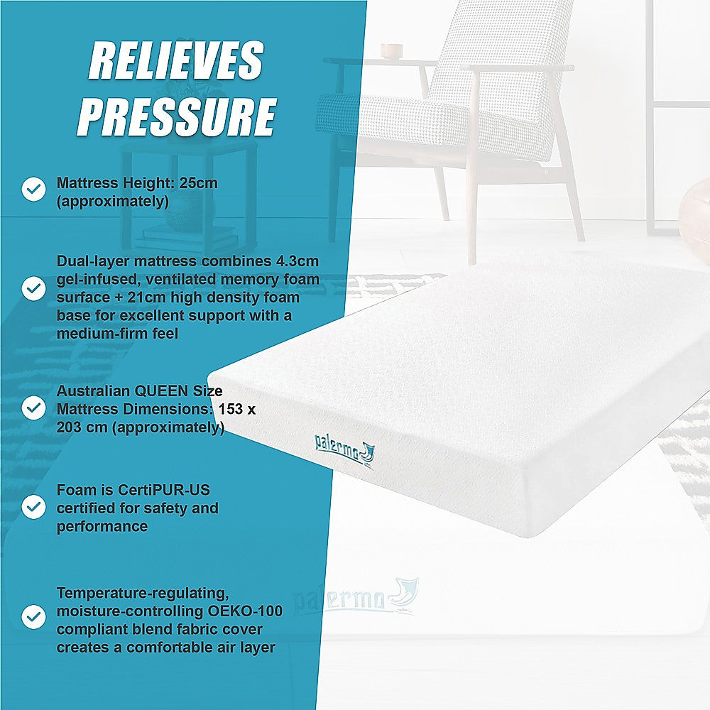 Queen Mattress Gel Memory Foam Dual Layer Medium Firm 25cm
