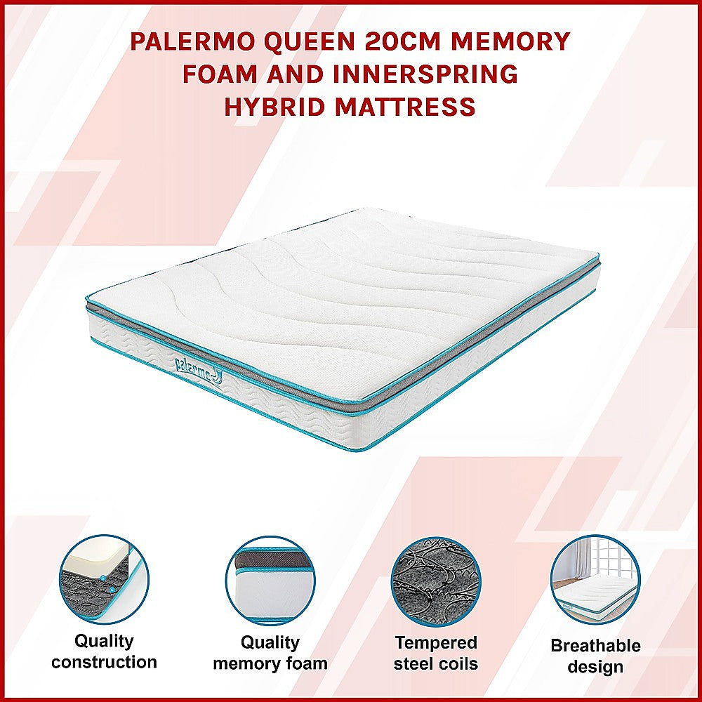 Queen Mattress Hybrid Memory Foam Innerspring Medium Firm 20cm