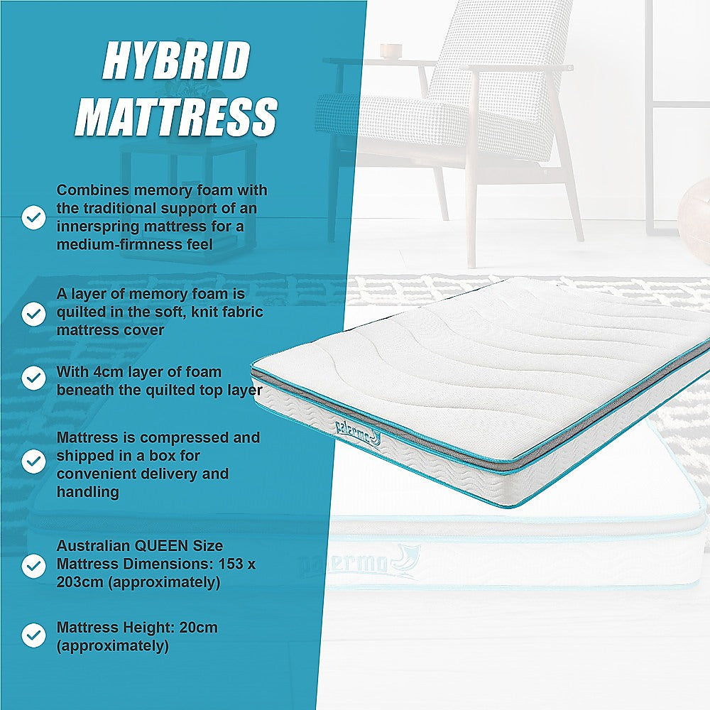 Queen Mattress Hybrid Memory Foam Innerspring Medium Firm 20cm