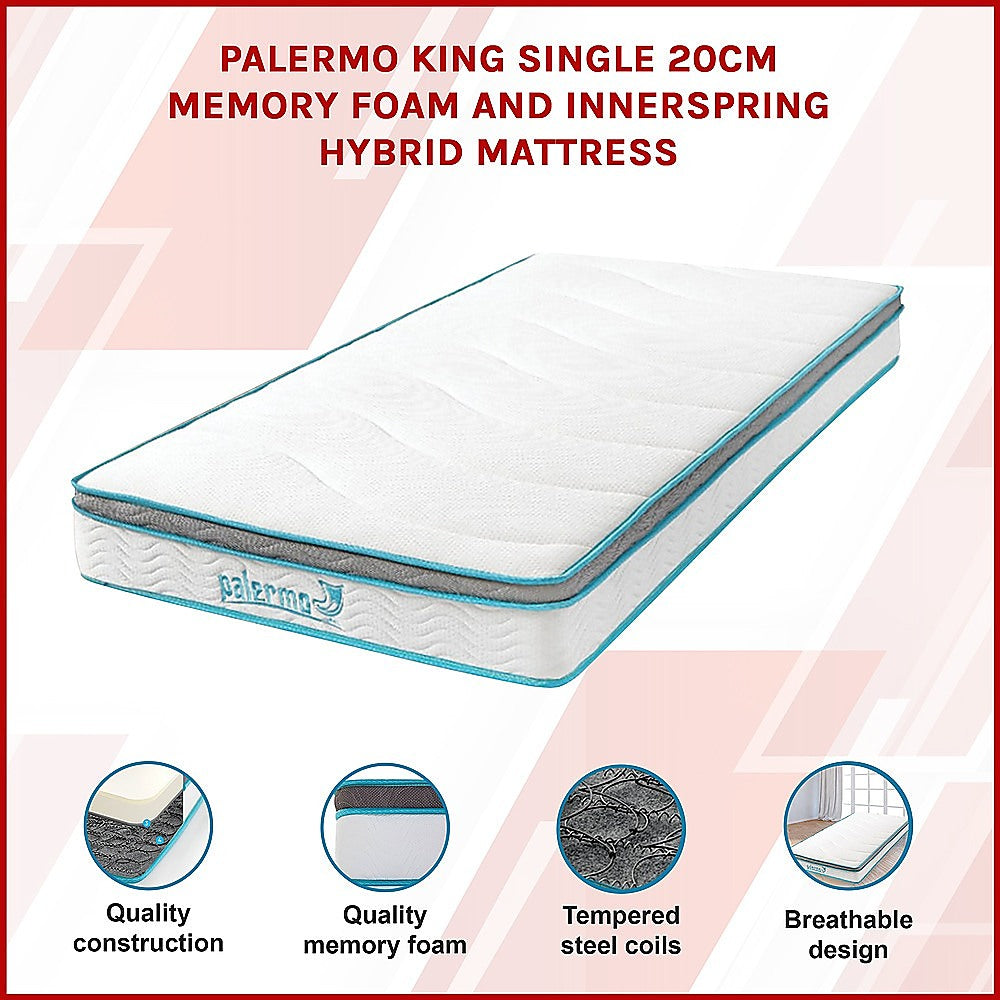 King Single Mattress Hybrid Memory Foam Innerspring Medium Firm 20cm