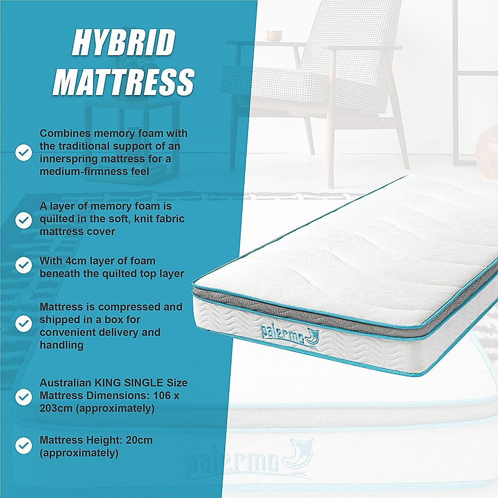 King Single Mattress Hybrid Memory Foam Innerspring Medium Firm 20cm