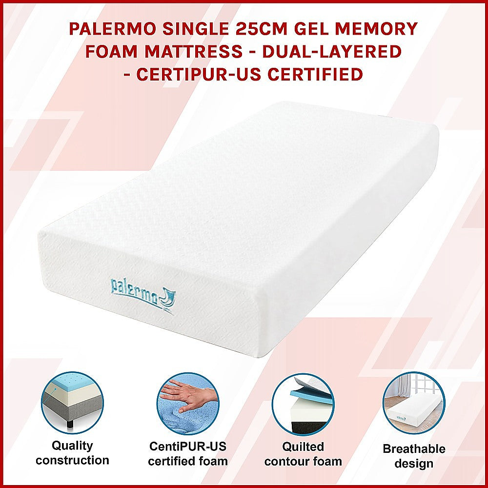 Single Mattress Gel Memory Foam Dual Layer Medium Firm 25cm