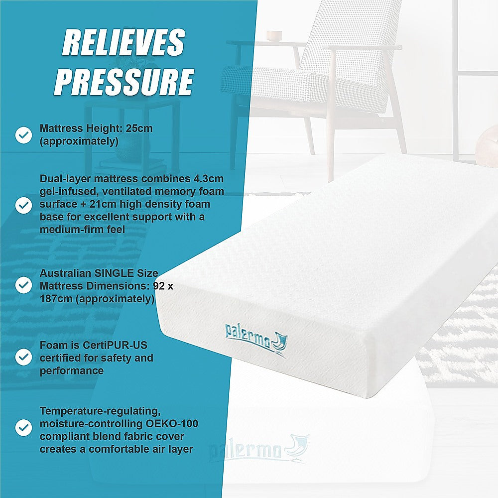 Single Mattress Gel Memory Foam Dual Layer Medium Firm 25cm