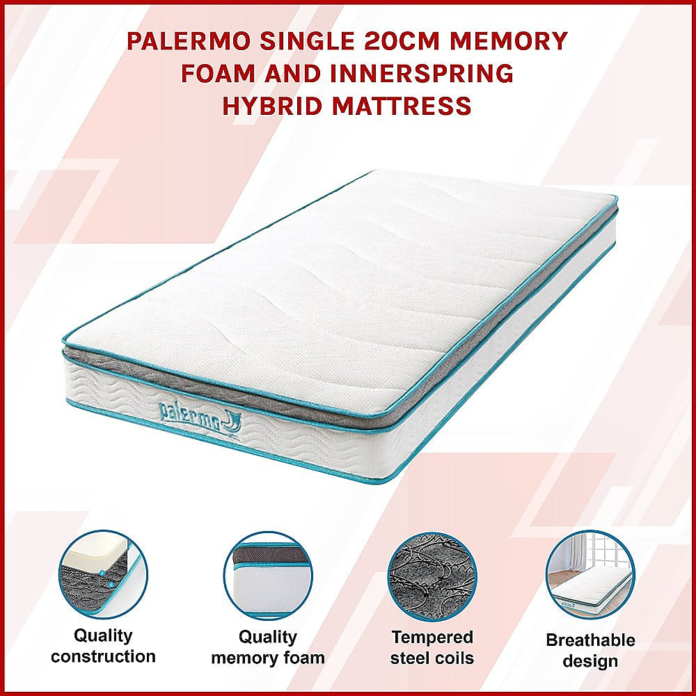Single Mattress Hybrid Memory Foam Innerspring Medium Firm 20cm