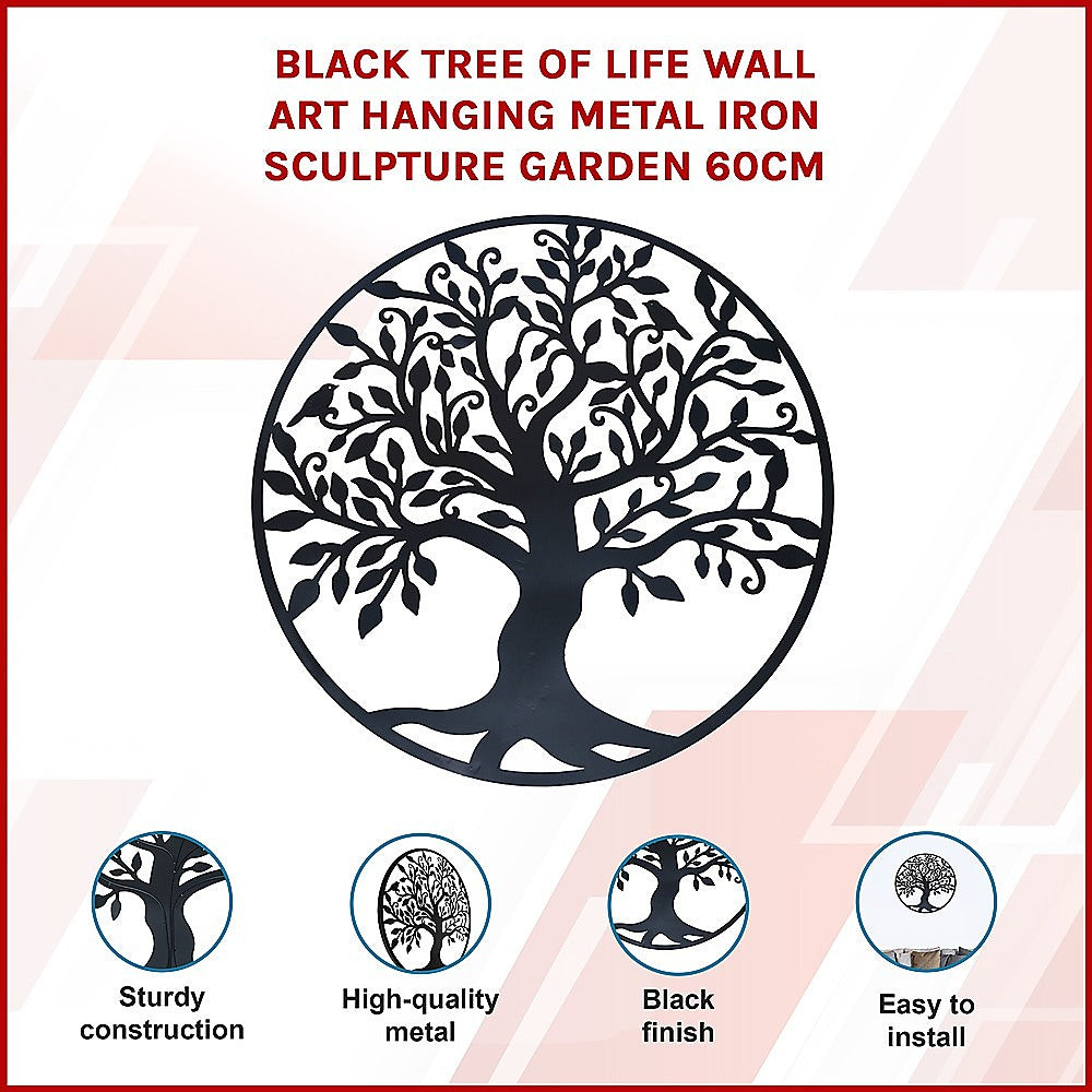 Black Tree Of Life Wall Art Hanging Metal Iron Sculpture Garden 60Cm