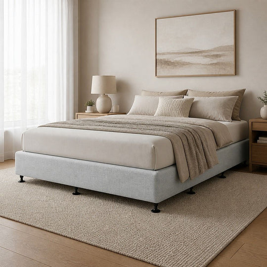 Palermo Queen Ensemble Bed Base Platinum Light Grey Linen Fabric