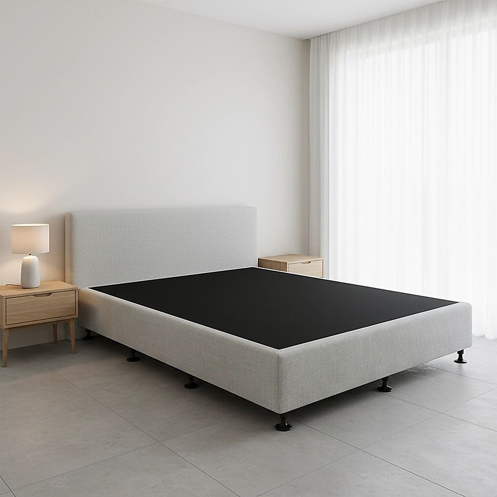 Queen Ensemble Bed Base Platinum Light Grey Linen Fabric Fabric