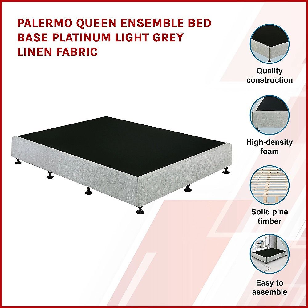 Queen Ensemble Bed Base Platinum Light Grey Linen Fabric Fabric