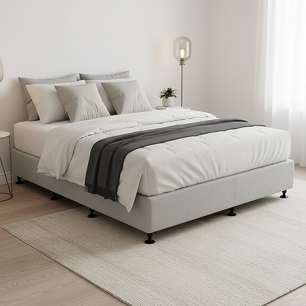 Queen Ensemble Bed Base Platinum Light Grey Linen Fabric Fabric