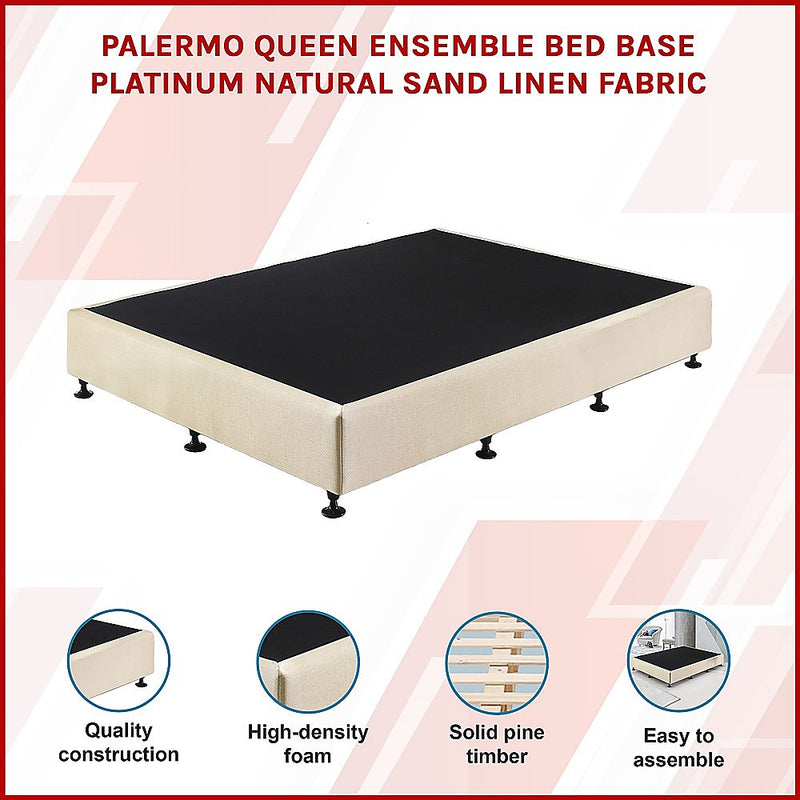 Queen - Queen Ensemble Bed Base Platinum Natural Sand Linen Fabric