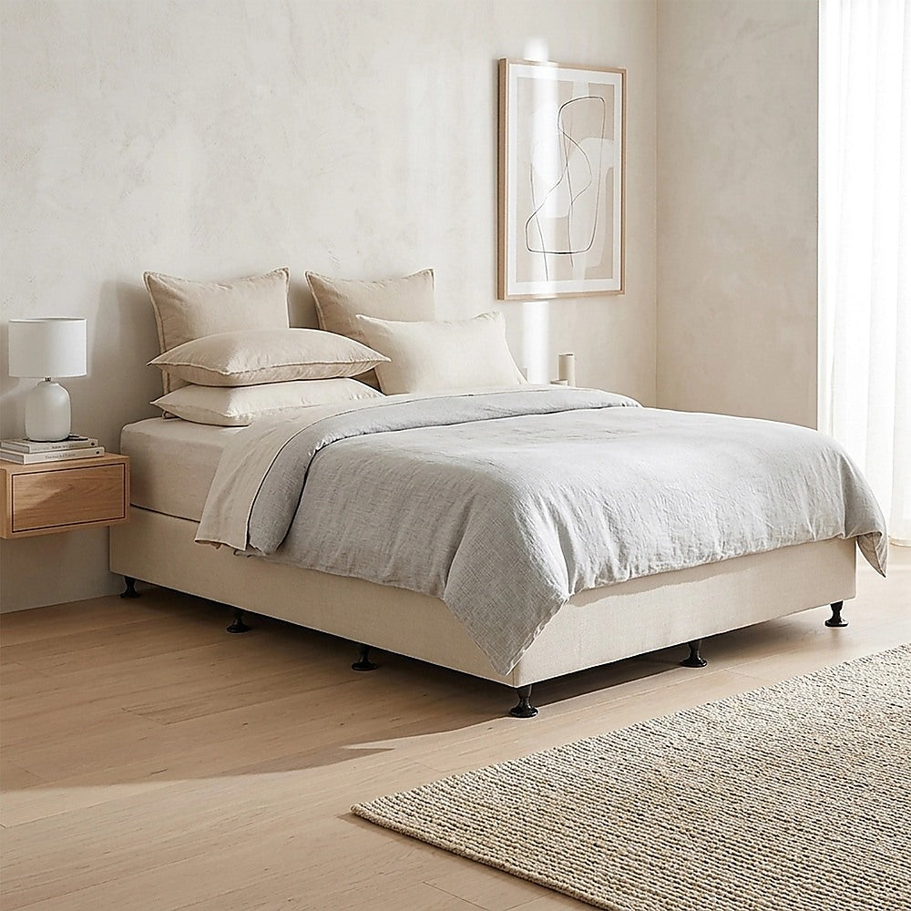 Queen Ensemble Bed Base Platinum Natural Sand Linen Fabric
