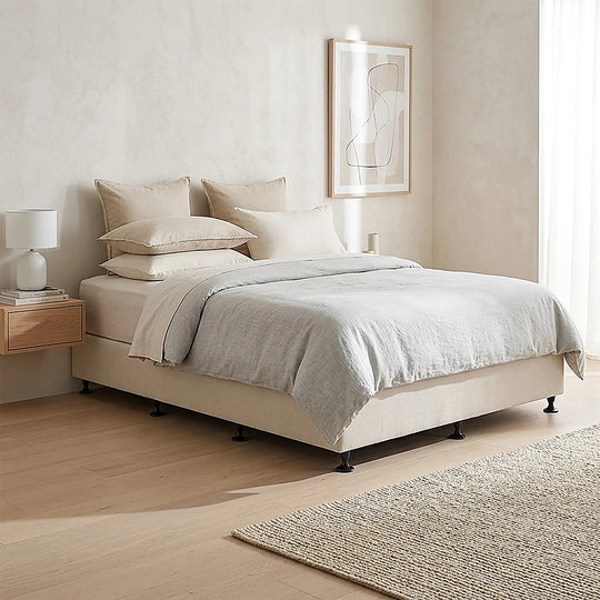 Queen Ensemble Bed Base Platinum Natural Sand Linen Fabric - Beds & Bed Frames