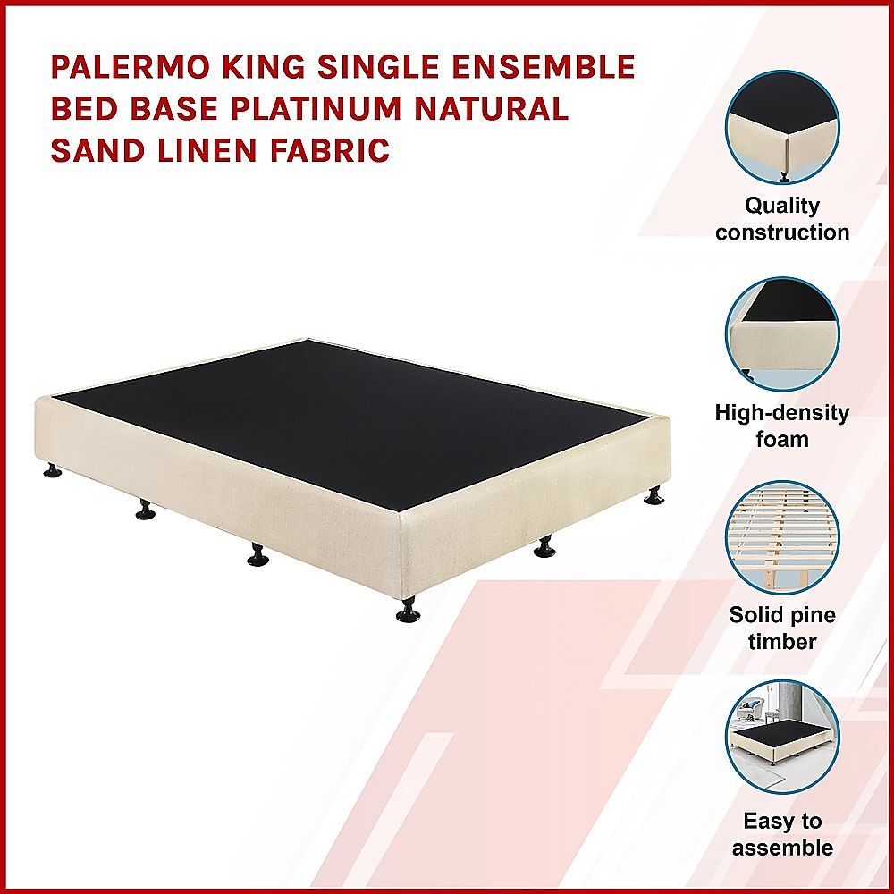 King Single Ensemble Bed Base Platinum Natural Sand Linen Fabric