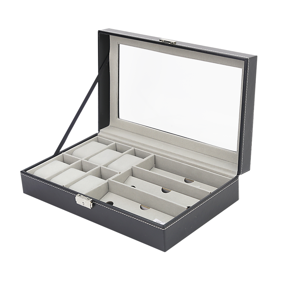 Pu Leather Watch Sunglass Eyeglasses Display Box (6+3 Grid) - Leather finish