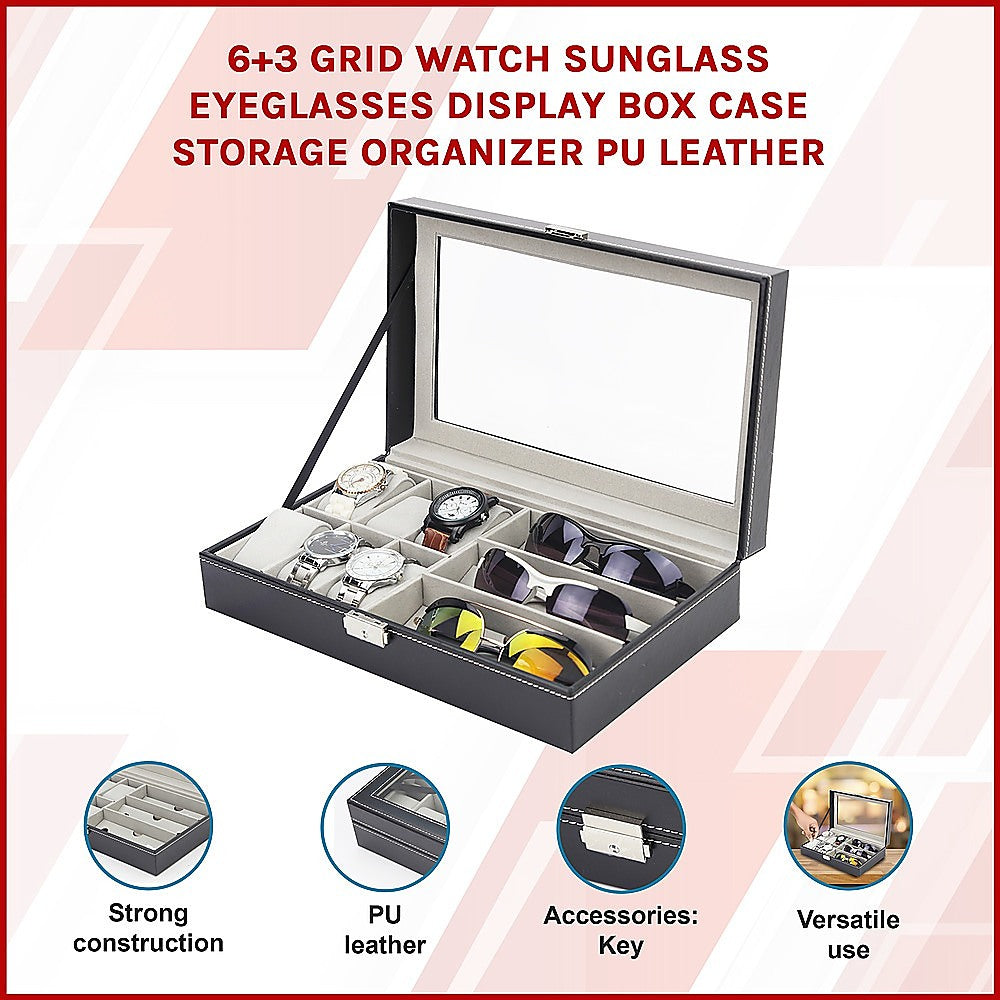 Pu Leather Watch Sunglass Eyeglasses Display Box (6+3 Grid)