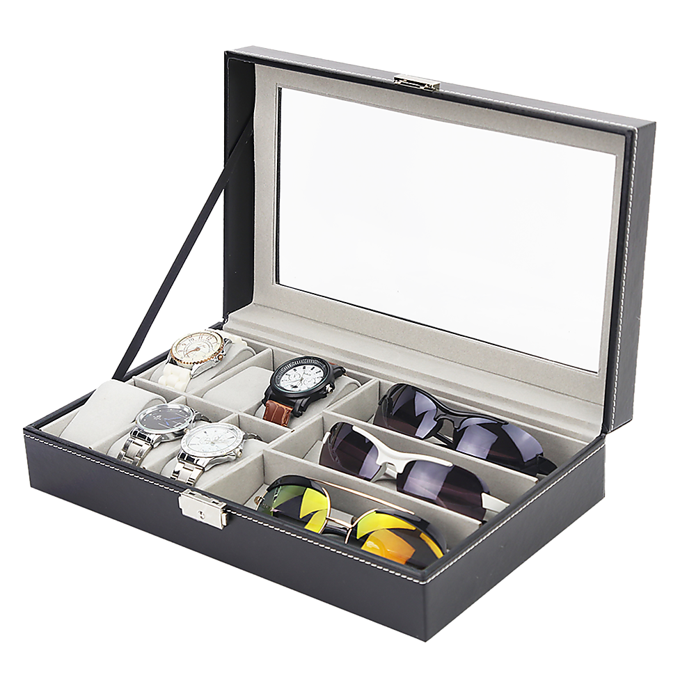 Leather finish - Pu Leather Watch Sunglass Eyeglasses Display Box (6+3 Grid)