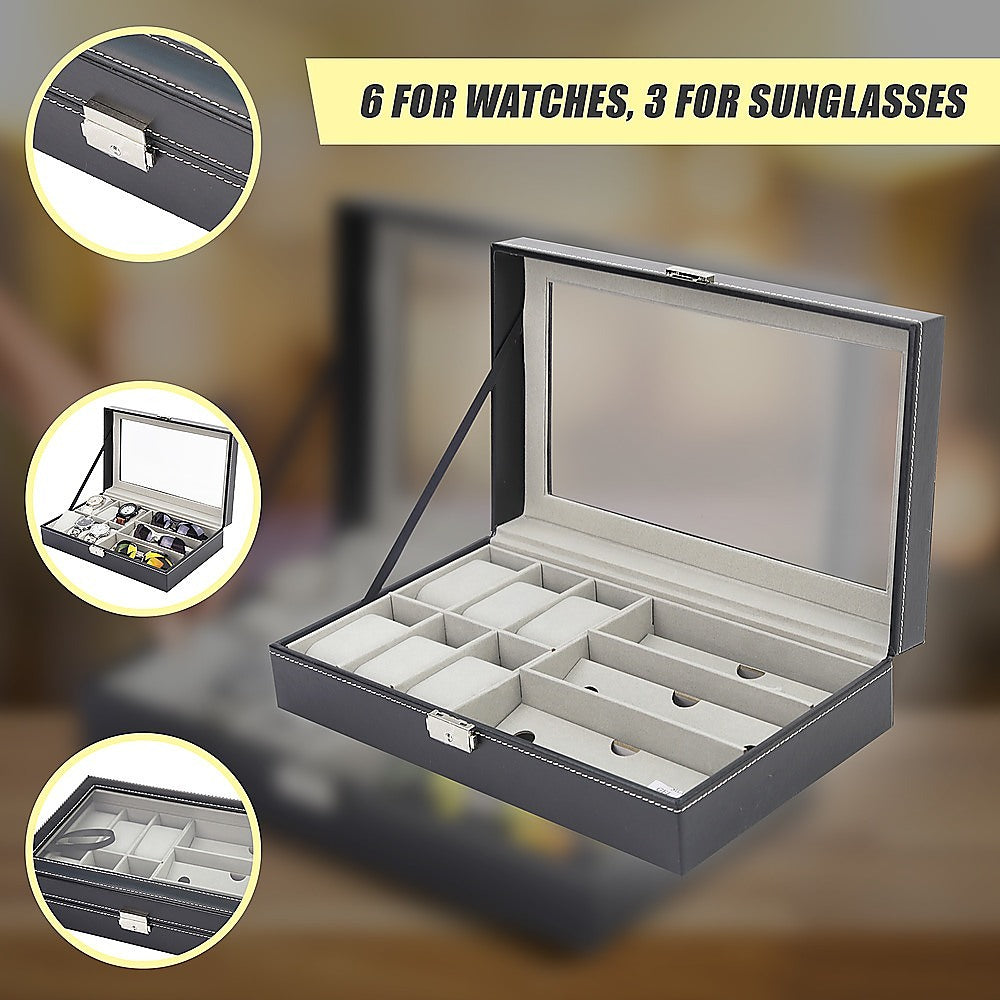 Pu Leather Watch Sunglass Eyeglasses Display Box (6+3 Grid) | Leather finish