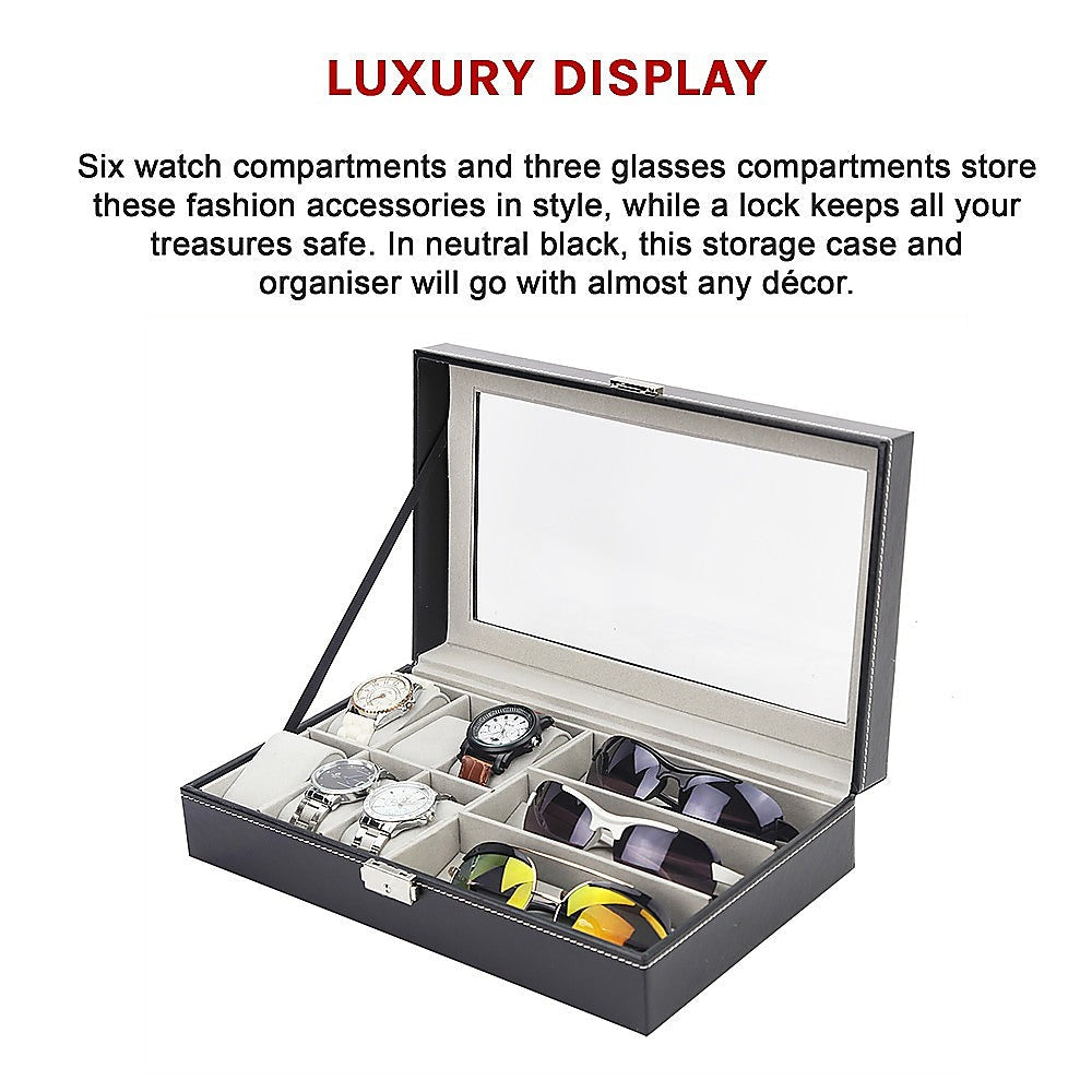 Pu Leather Watch Sunglass Eyeglasses Display Box (6+3 Grid) with Arts & Crafts