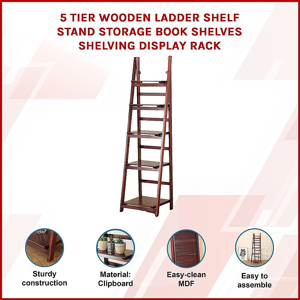 5 Tier Wooden Ladder Shelf Stand Storage Book Shelves