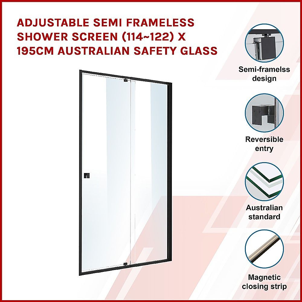 Semi-Frameless Shower Screen – Black, Front: (114~122)x195cm, No Side Return