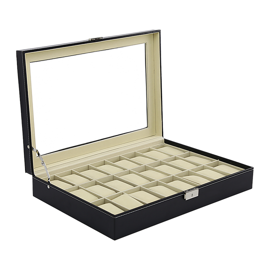 Luxury 24 Slot Watch Display Case - Box Framed Glass Lid