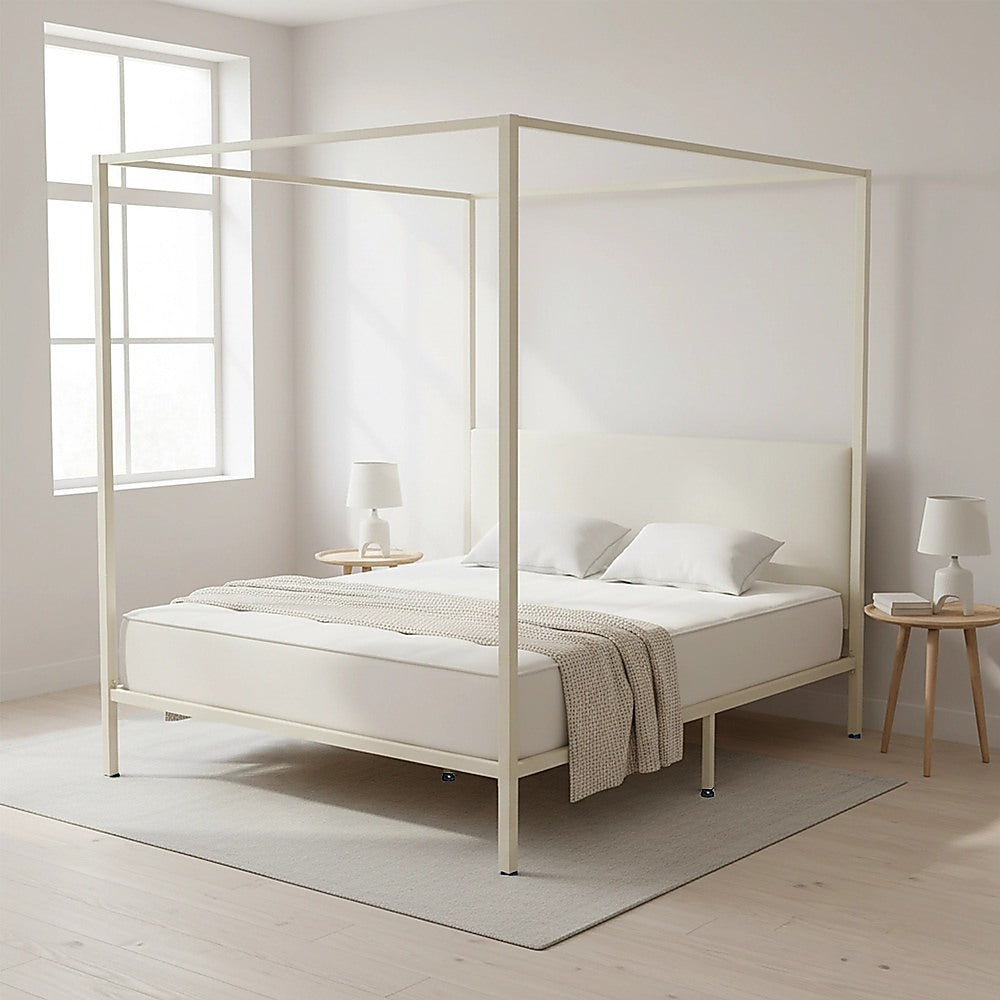 Double - Double Four Poster Bed Frame Cream Metal Mattress Base