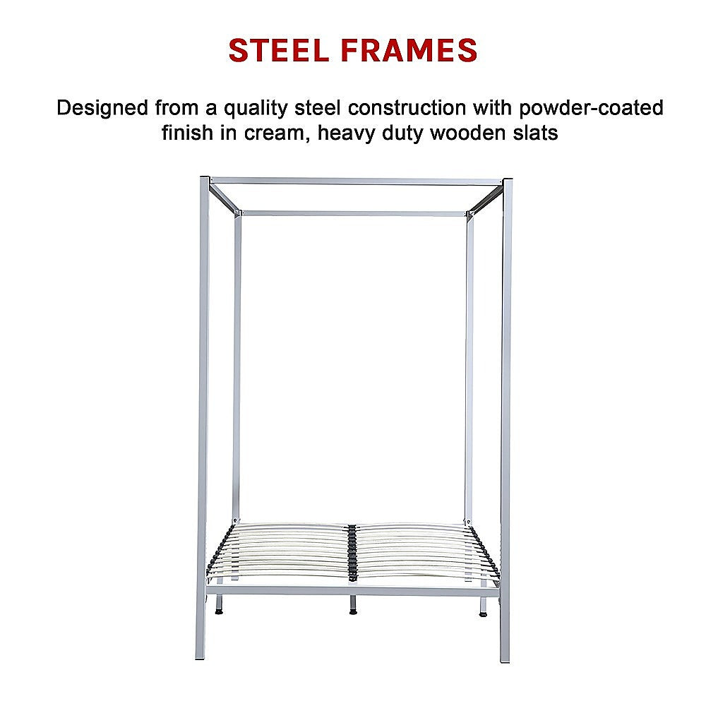 Double Four Poster Bed Frame Cream Metal Mattress Base | Cream colour