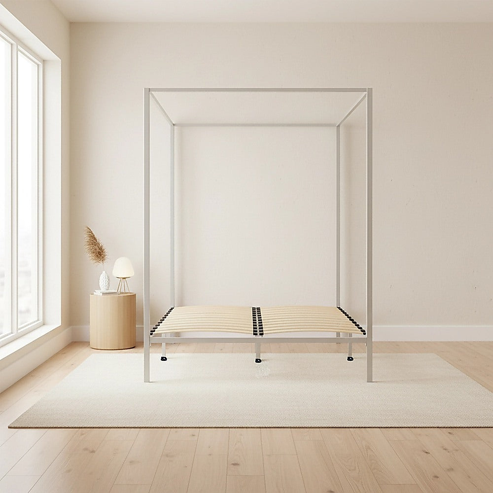Double Four Poster Bed Frame Cream Metal Mattress Base, Metal finish