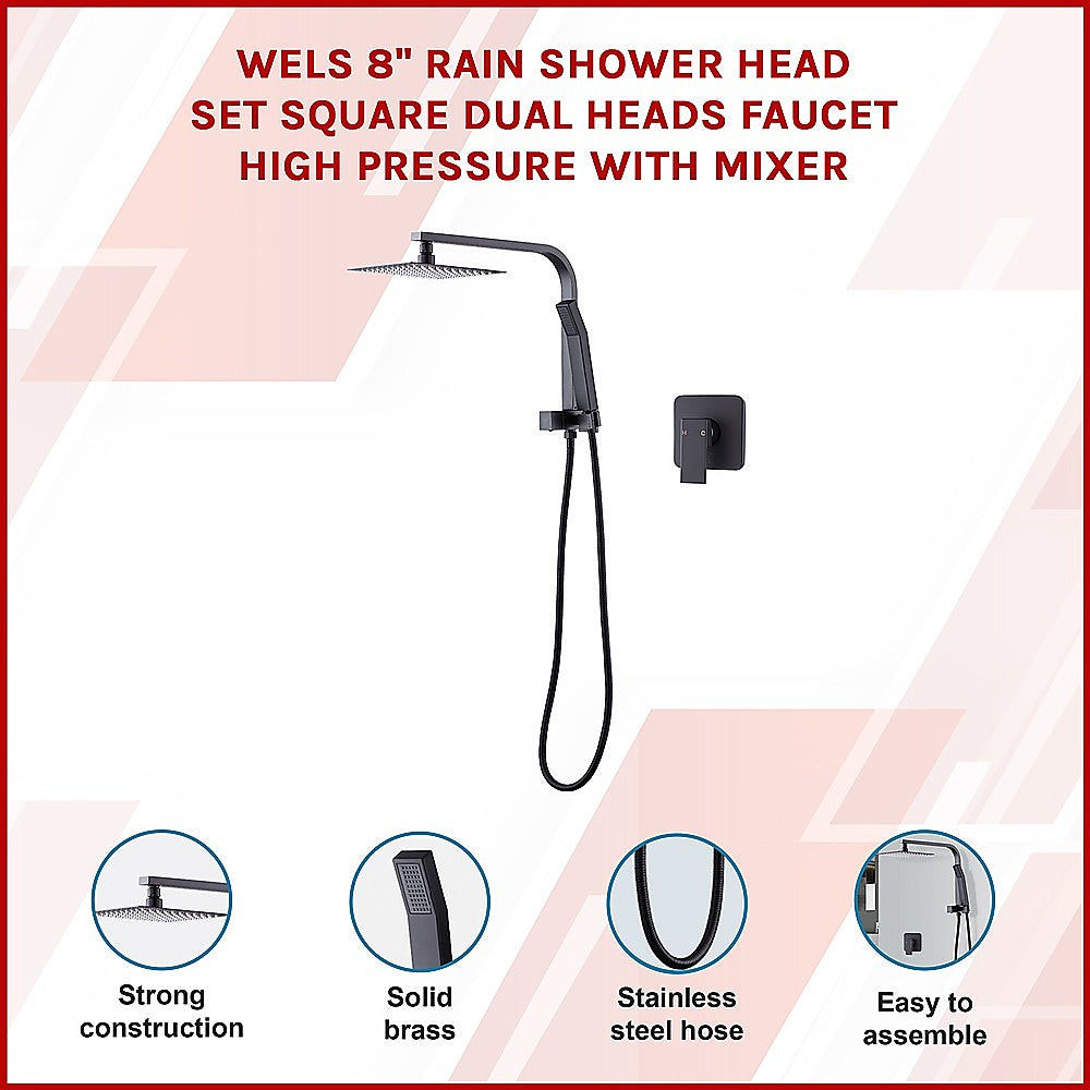 8" Rain Shower Head Set Square Dual Heads Faucet High Pressure With Mixer
